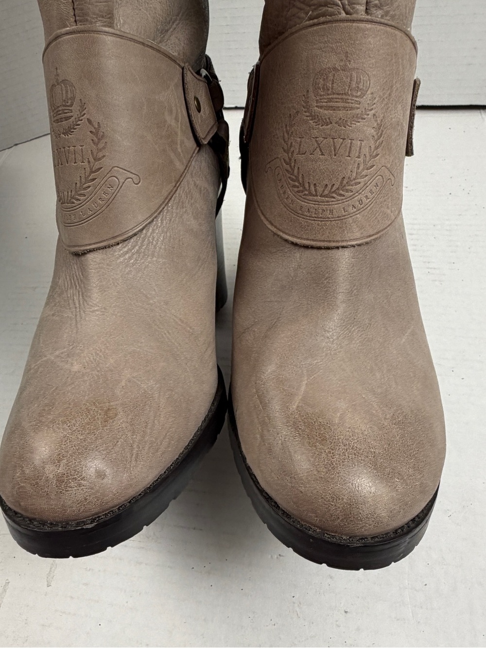 Lauren Ralph Lauren Delsa Taupe Gray Burnished Leather Riding Boots Size 8,5 - Picture 12 of 14